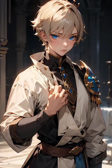 male character, royalty, prince, short hair, cold gaze, medieval aesthetics, luxurious clothes, looking down, armor pieces, crow...