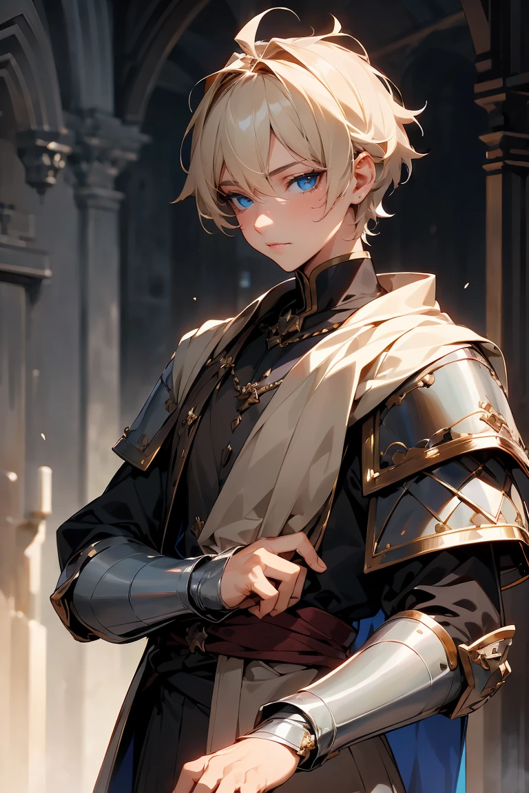 male character, royalty, prince, short hair, cold gaze, medieval aesthetics, luxurious clothes, looking down, armor pieces, crown, cold colors, celshaded, ashy colors, mysterious vibe, sharp eyes, bishonen, dark ashy brown hair, blue eyes, condescending pose and expression, prideful character. arrogant, young adult