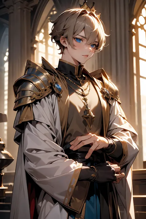 male character, royalty, prince, short hair, cold gaze, medieval aesthetics, luxurious clothes, looking down, armor pieces, crow...