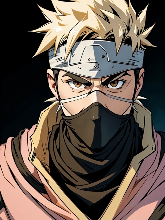 Hazme un hombre parecido a Kakashi Hatake, un individuo distante y apático, usando una máscara que cubre su cara hasta la nariz.
