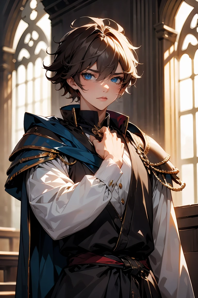 male character, royalty, prince, short hair, cold gaze, medieval aesthetics, luxurious clothes, looking down, armor pieces, crown, cold colors, celshaded, ashy colors, mysterious vibe, sharp eyes, bishonen, dark  brown hair, messy hair, blue eyes, condescending pose and expression, prideful character. arrogant, young adult, dark medieval inspiration