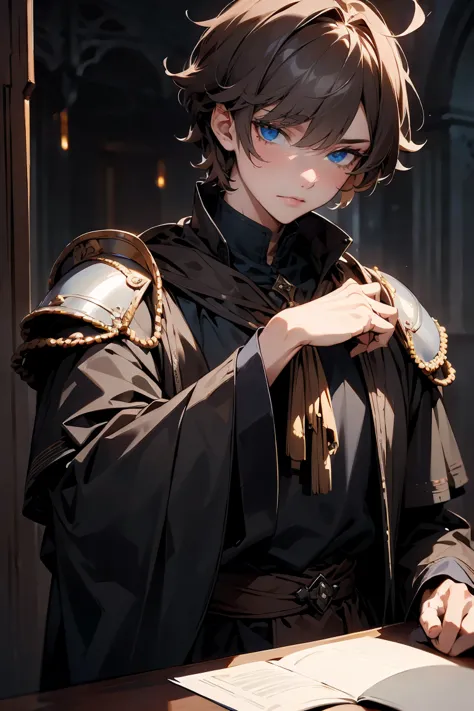 male character, royalty, prince, short hair, cold gaze, medieval aesthetics, luxurious clothes, looking down, armor pieces, crow...