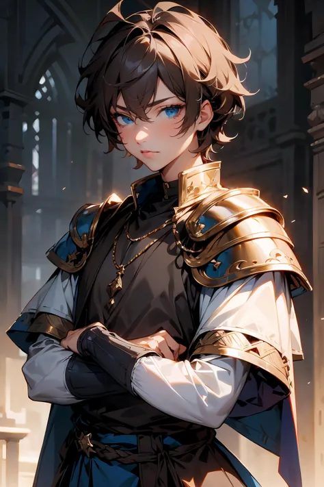male character, royalty, prince, short hair, cold gaze, medieval aesthetics, luxurious clothes, looking down, armor pieces, crow...