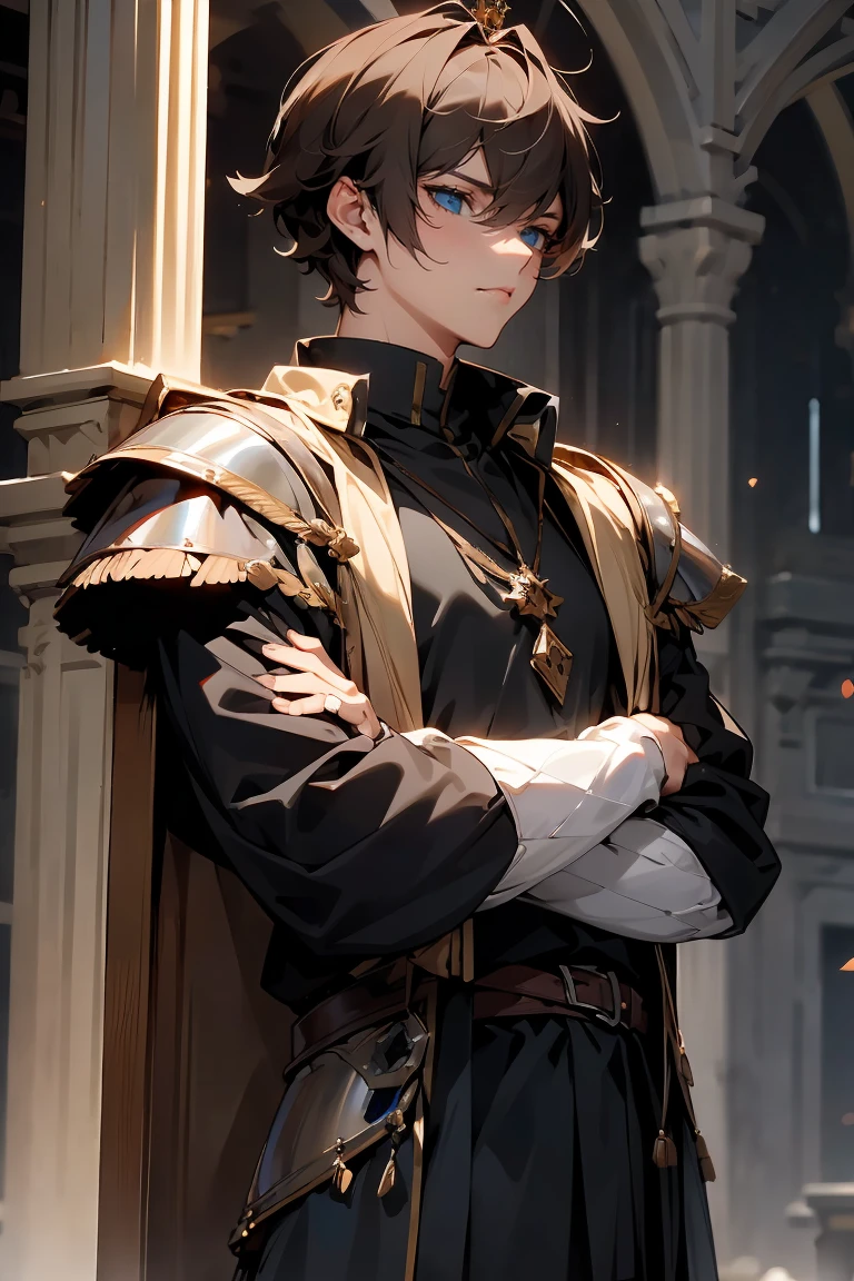 male character, royalty, prince, short hair, cold gaze, medieval aesthetics, luxurious clothes, looking down, armor pieces, crown, cold colors, celshaded, ashy colors, mysterious vibe, sharp eyes, bishonen, dark  brown hair, messy hair, blue eyes, condescending pose and expression, prideful character. arrogant, young adult, dark medieval inspiration