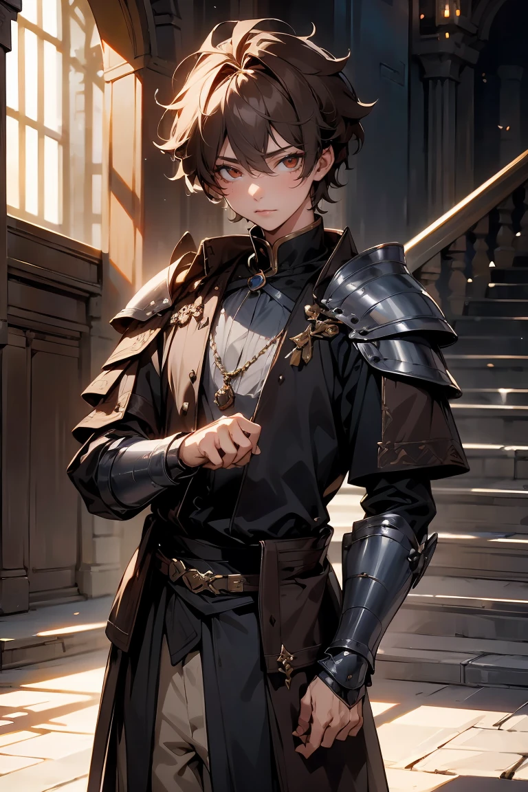 male character, royalty, prince, short hair, cold gaze, medieval aesthetics, luxurious clothes, looking down, armor pieces, crown, cold colors, celshaded, ashy colors, mysterious vibe, sharp eyes, bishonen, dark  brown hair, messy hair, intense red eyes, condescending pose and expression, prideful character. arrogant, young adult, dark medieval inspiration