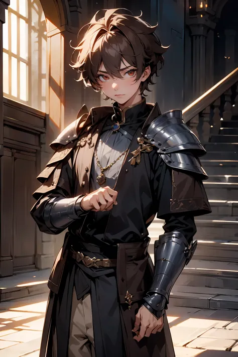 male character, royalty, prince, short hair, cold gaze, medieval aesthetics, luxurious clothes, looking down, armor pieces, crow...