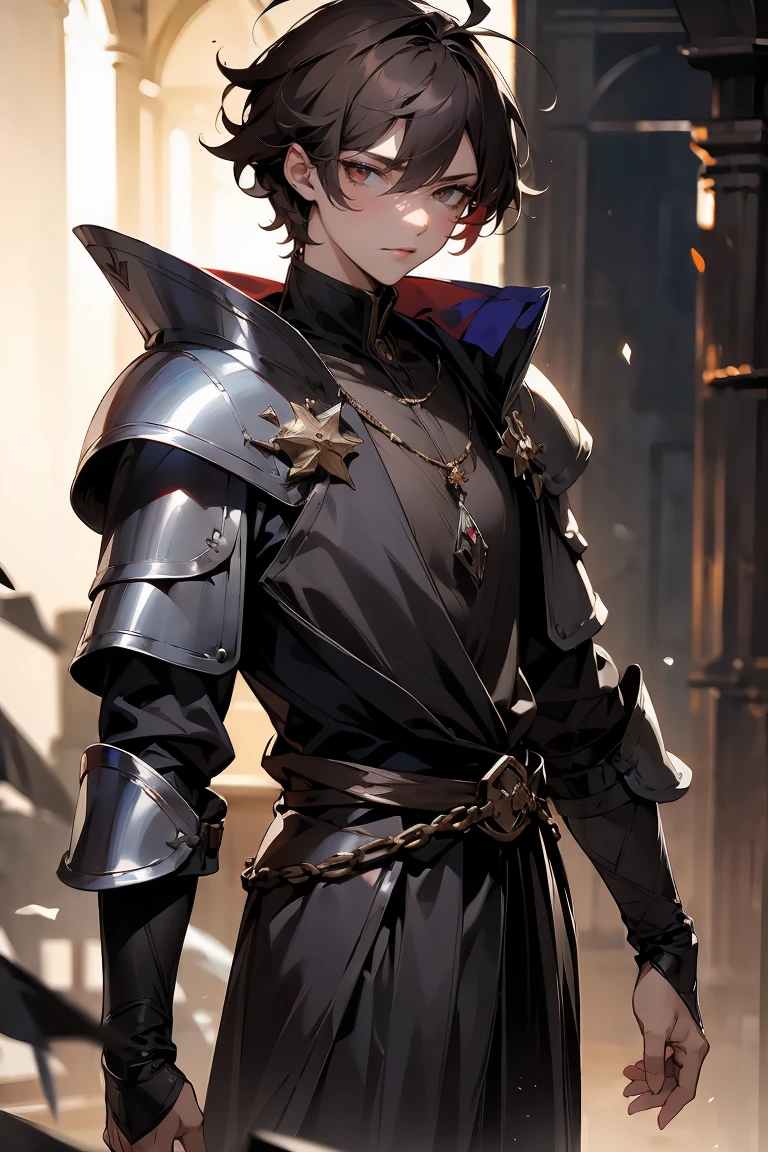 male character, royalty, prince, short hair, cold gaze, medieval aesthetics, luxurious clothes, looking down, armor pieces, crown, cold colors, celshaded, ashy colors, mysterious vibe, sharp eyes, bishonen, dark  brown hair, messy hair, intense red eyes, condescending pose and expression, prideful character. arrogant, young adult, dark medieval inspiration