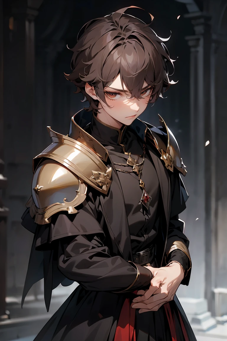 male character, royalty, prince, short hair, cold gaze, medieval aesthetics, luxurious clothes, looking down, armor pieces, crown, cold colors, celshaded, ashy colors, mysterious vibe, sharp eyes, bishonen, dark  brown hair, messy hair, intense red eyes, condescending pose and expression, prideful character. arrogant, young adult, dark medieval inspiration