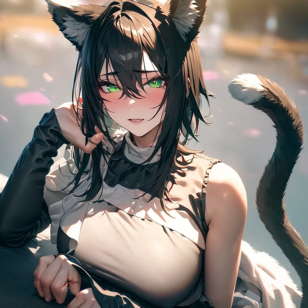 absurd, high definition, ultra detailed, HDR, masterpiece, extremely detailed face and eyes, perfect face, Ulquiorra Cifer, black hair, hair between eyes, expressive green eyes, pale skin, cat ears, big bushy tail, Bleach, solo, sexy man , handsome, white coat, tight black shirt, patterns, in wonderland, watch