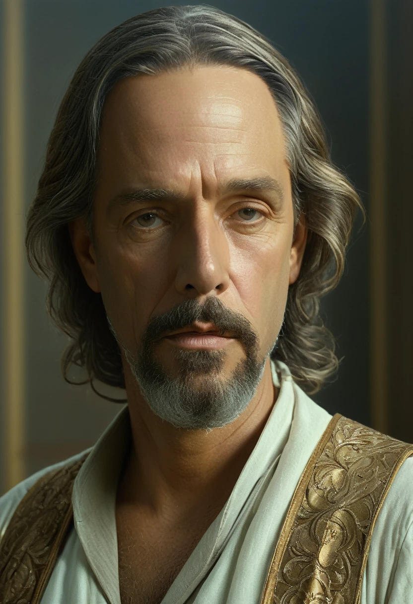 "A portrait of a middle-aged man, inspired by Alphonse Mucha and art nouveau, wearing clothes from the time of Jesus, with soft natural light, somber atmosphere, ultra-realism, high resolution, f-stop 1.4, 85mm lens, VRay rendering, intricate details, artistic rendering"