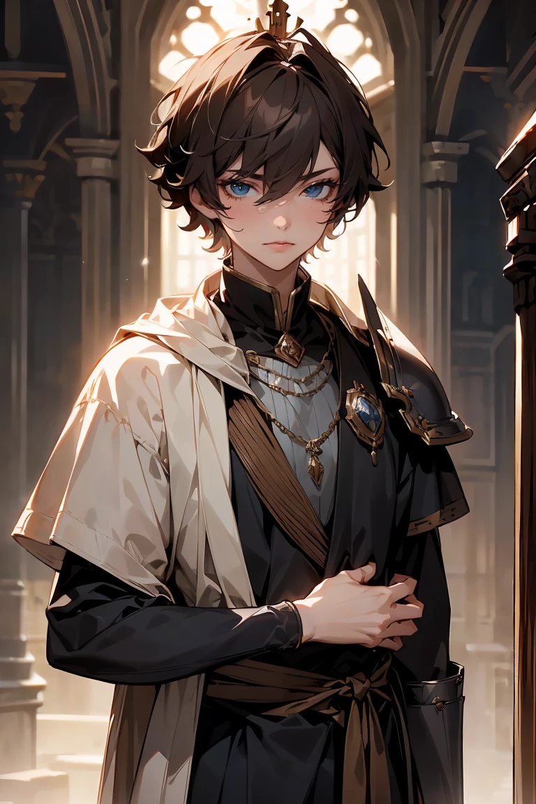 male character, royalty, prince, short hair, cold gaze, medieval aesthetics, luxurious clothes, looking down, armor pieces, crown, cold colors, celshaded, ashy colors, mysterious vibe, sharp eyes, bishonen, dark  brown hair, messy hair, intense eyes, condescending pose and expression, prideful character. arrogant, young adult, dark medieval inspiration