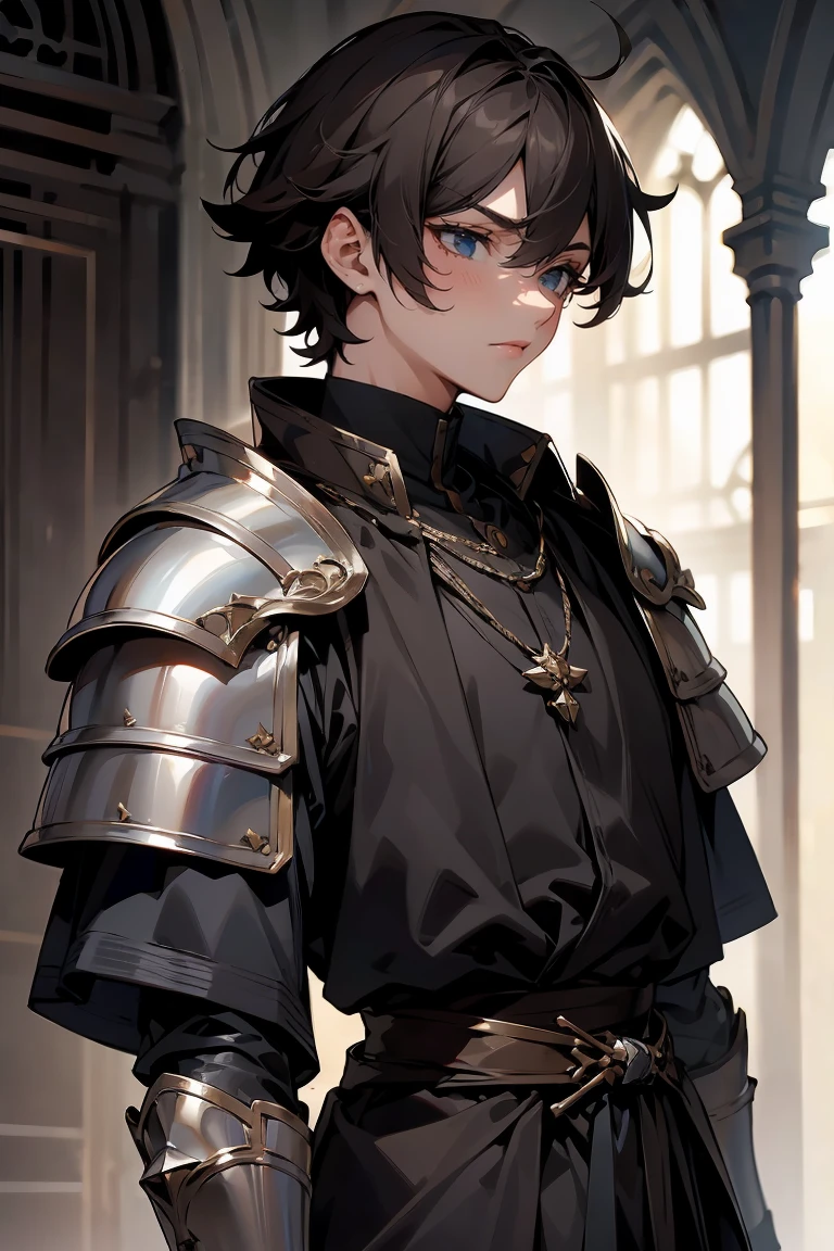 male character, royalty, prince, short hair, cold gaze, medieval aesthetics, luxurious clothes, looking down, armor pieces, crown, cold colors, celshaded, ashy colors, mysterious vibe, sharp eyes, bishonen, dark  brown hair, messy hair, intense eyes, condescending pose and expression, prideful character. arrogant, young adult, dark medieval inspiration