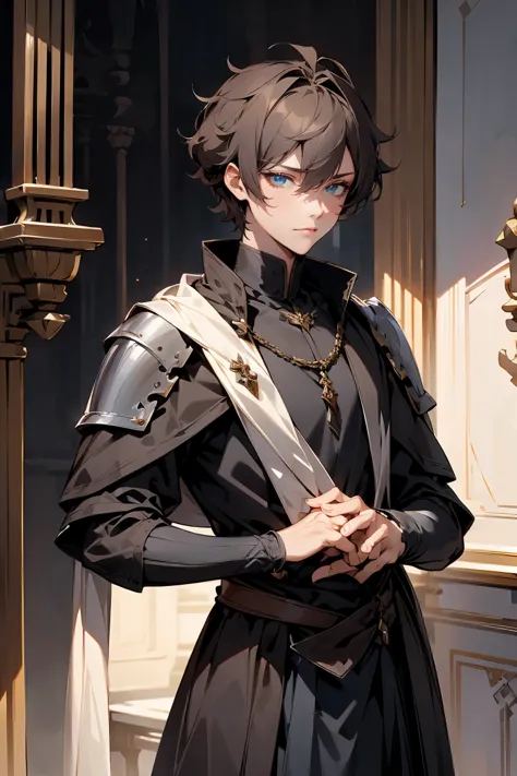 male character, royalty, prince, short hair, cold gaze, medieval aesthetics, luxurious clothes, looking down, armor pieces, crow...