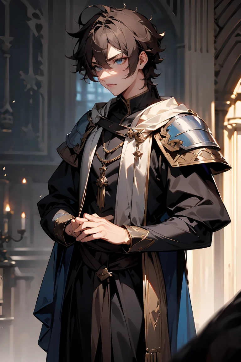 male character, royalty, prince, short hair, cold gaze, medieval aesthetics, luxurious clothes, looking down, armor pieces, crown, cold colors, celshaded, ashy colors, mysterious vibe, sharp eyes, bishonen, dark  brown hair, messy hair, intense eyes, condescending pose and expression, prideful character. arrogant, young adult, dark medieval inspiration