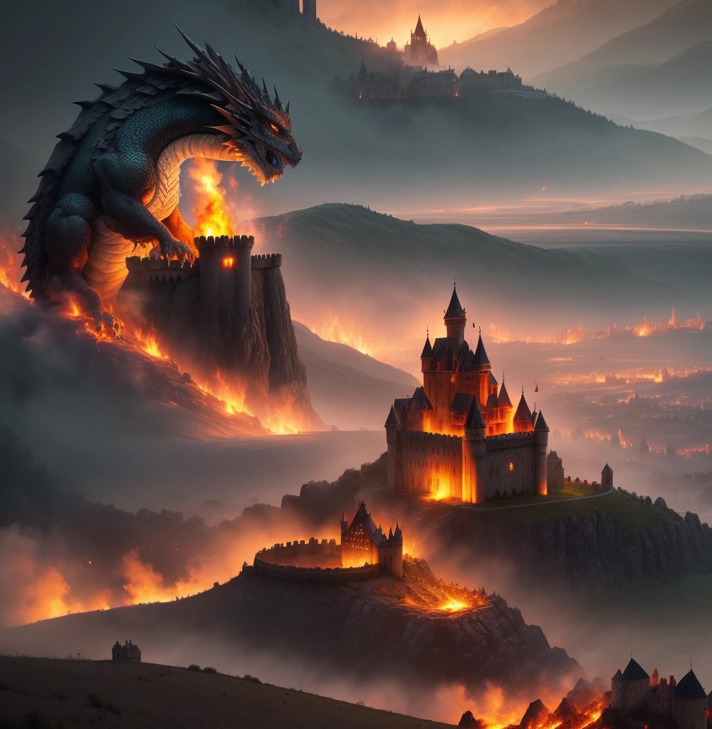 a roaring dragon spitting fire, open fields, burning castle in the background, castle in flames, burning village, wings spread, at dawn,
dark setting, 
 photorealistic, hires, 8k, best quality, finely detailed