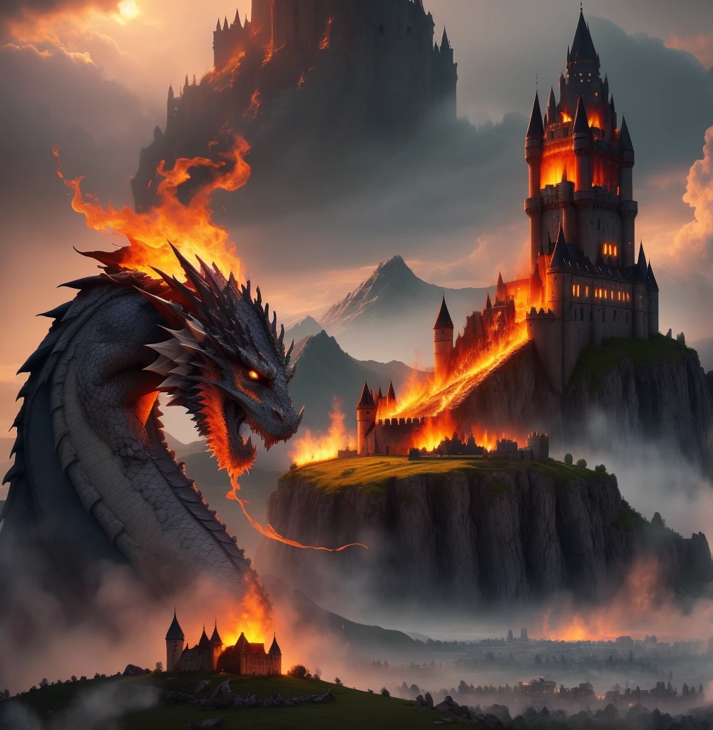 a roaring dragon spitting fire, open fields, burning castle in the background, castle in flames, burning village, wings spread, at dawn,
dark setting, 
 photorealistic, hires, 8k, best quality, finely detailed