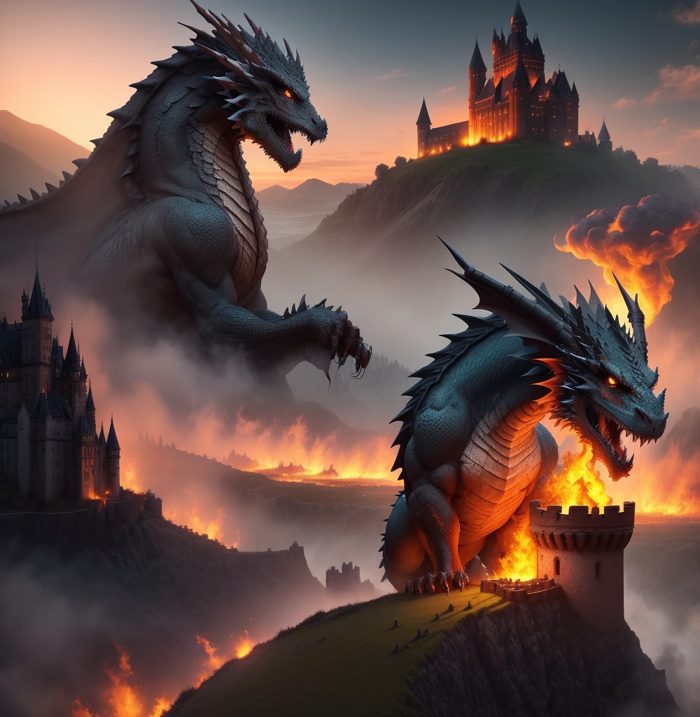 a roaring dragon spitting fire, open fields, burning castle in the background, castle in flames, burning village, wings spread, at dawn,
dark setting, 
 photorealistic, hires, 8k, best quality, finely detailed