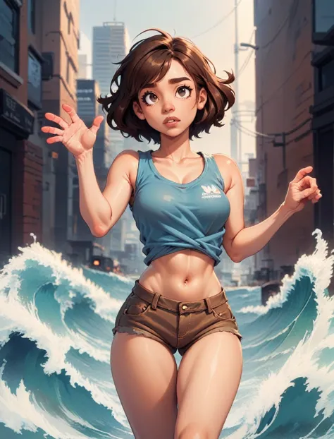 score_9,score_8_superior,score_7_superior, One girl, Brown Hair，whole body, Urban Background, wave hands, Super big boobs 