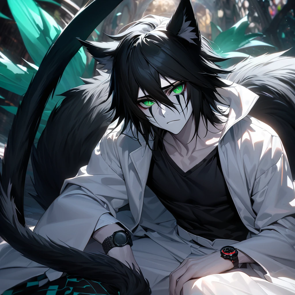 absurd, high definition, ultra detailed, HDR, masterpiece, extremely detailed face and eyes, perfect face, Ulquiorra Cifer, black hair, hair between eyes, expressive green eyes, pale skin, cat ears, big bushy tail, Bleach, solo, sexy man , handsome, white coat, tight black shirt, patterns, in wonderland, watch