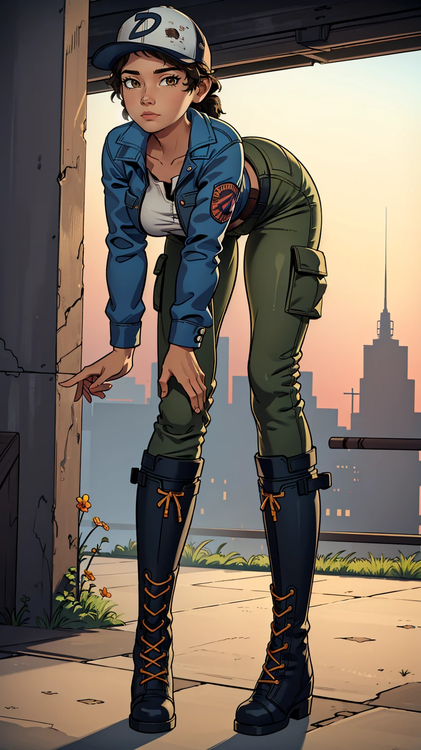 ((masterpiece, best quality)),(complex lighting) ,solo,(((1girl))) ,clementine, light skin,light-skinned female, baseball cap, green cargo pants, brown eyes, tight pants, combat boots, shirt, short hair, one short ponytail, open denim jacket, huge butt, thicc butt , (((8k))), (((full body))), (((bent over))), (((looking at the viewer))), cameltoe