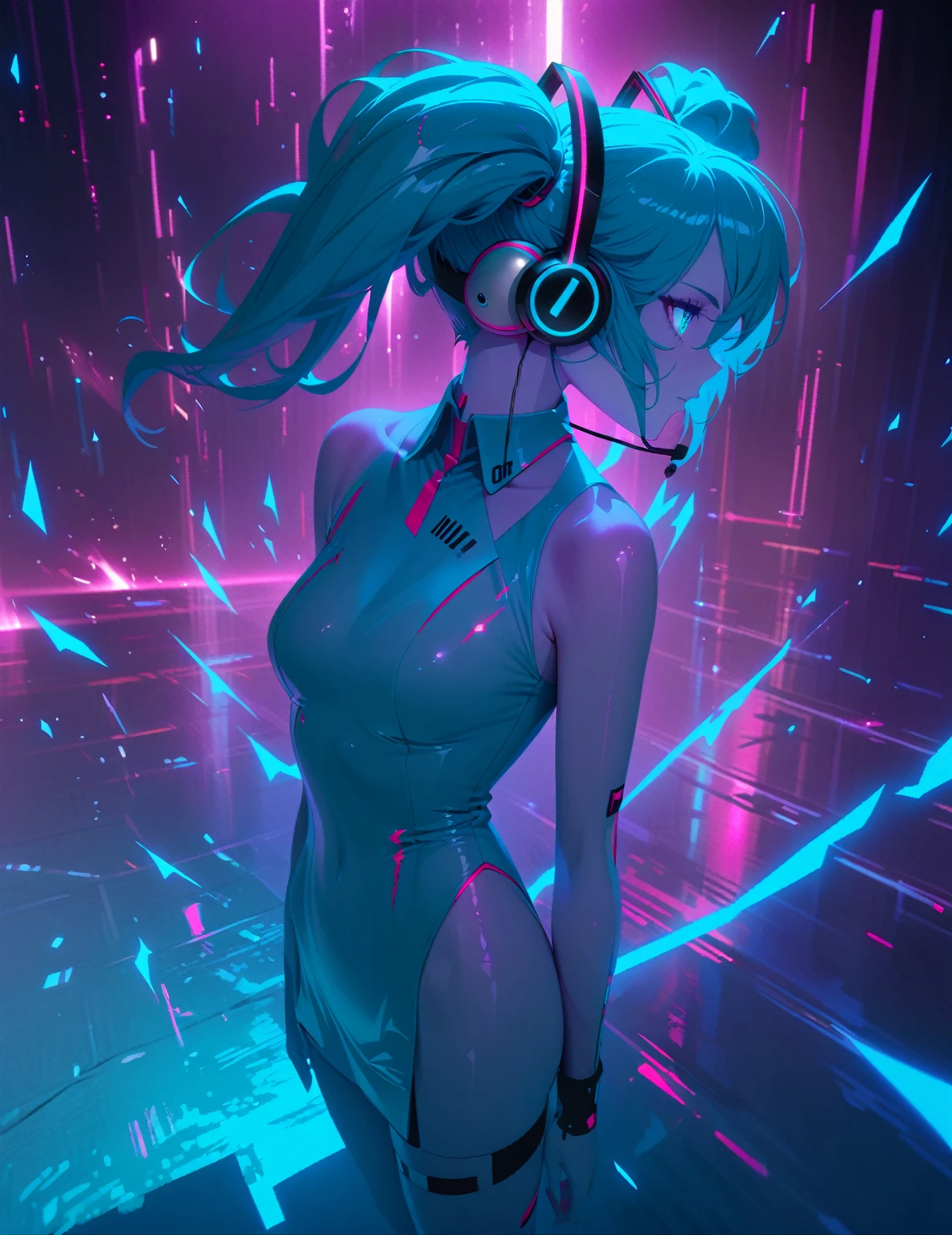 Movie Poster page, (promotional poster), Hatsune Miku, 1female, solo, humanoid android, teal hair, teal eyes, singer's uniform, headset, WeirdOutfit style, concert, Nippon Budokan, glowneon, glowing, sparks, lightning, shadow minimalism, (best quality), (masterpiece), detailed, beautiful detailed eyes, perfect anatomy, perfect body, perfect face, perfect hair, perfect legs, perfect hands, perfect arms, perfect fingers, detailed hair, detailed face, detailed eyes, detailed clothes, detailed skin, ultra-detailed, (full body), (upper body), (top quality), pop art, extremely detailed, extremely detailed CG, (high resolution), highly detailed, (high quality), (perfect quality), (glitchcore colors)