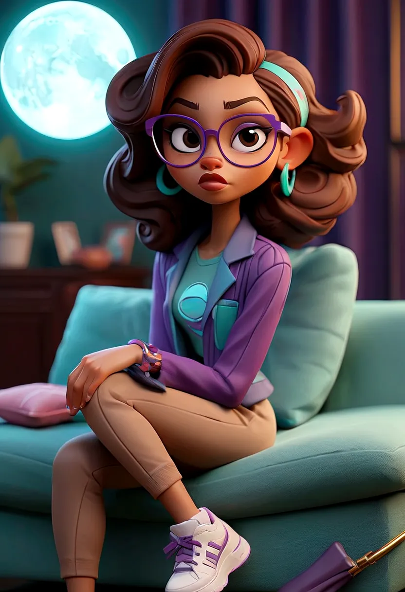  light skin color with medium brown hair with the tips painted blue wearing purple glasses and she is using purple crutches with a purple blouse with a moon print with a purple jacket with cyan stripes with cyan pants with black sneakers sitting on living ...