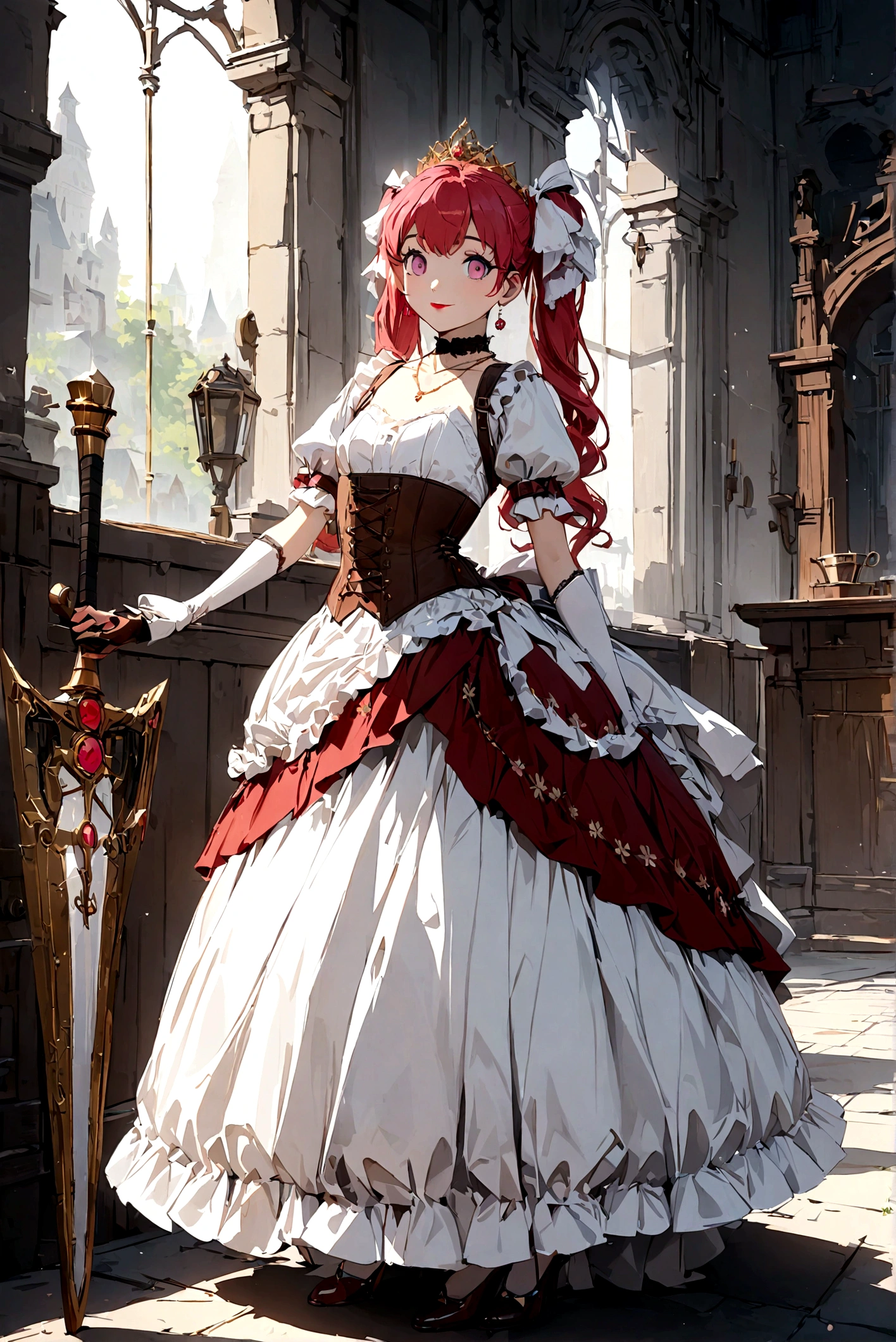 (best quality,4k,8k,highres,masterpiece:1.2),ultra-detailed, Pretty 15 years old princess, drawn in anime style, is cute and happy, long red pigtails hair, pink eyes, small breast, makeup and lipstick, steampunk, red and white ball gown with puffy sleeves, physically-based rendering,gorgeous frilly dress design,flowing gown,elaborate lace details,rich textures,contrast stitching,delicate ribbon bows,floral accents, daisy flowers embroidery, full skirt,short sleeves,fitted waistline,flared cuffs,lace-up back,luxurious fabrics,flawless silhouette, petticoat, bloomers, bustle, corset, hair ribbons, white elbow gloves, ruby earrings and necklace, gold tiara, high heels, holding a fencing sword, standing in castle bedroom, highly detailed, 4K.