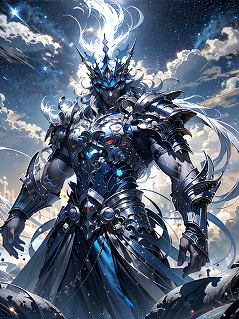 resolución 8k, Highly detallado, pintura digital, Arte conceptual, de la más alta calidad, mejor calidad, Uno, Hermoso, 1 hombre, con un cuerpo deportivo, cuerpo en forma de V, glowing silver detallado armor with glowing blue details, black detallado helmet/corona, pelo flotante, pelo largo, pelo blanco, ojos blancos brillantes, hilos azules, Luz plateada, en el contexto de estrellas y galaxias

((mejor calidad)),((obra maestra)),((alta resolución)),((detallado)), original, extremely detallado 8K wallpaper,detalles intrincados, hyperdetallado, hiper calidad, Alto detalle, ultra detallado,Iluminación perfecta,, animado,comic,juego cg,