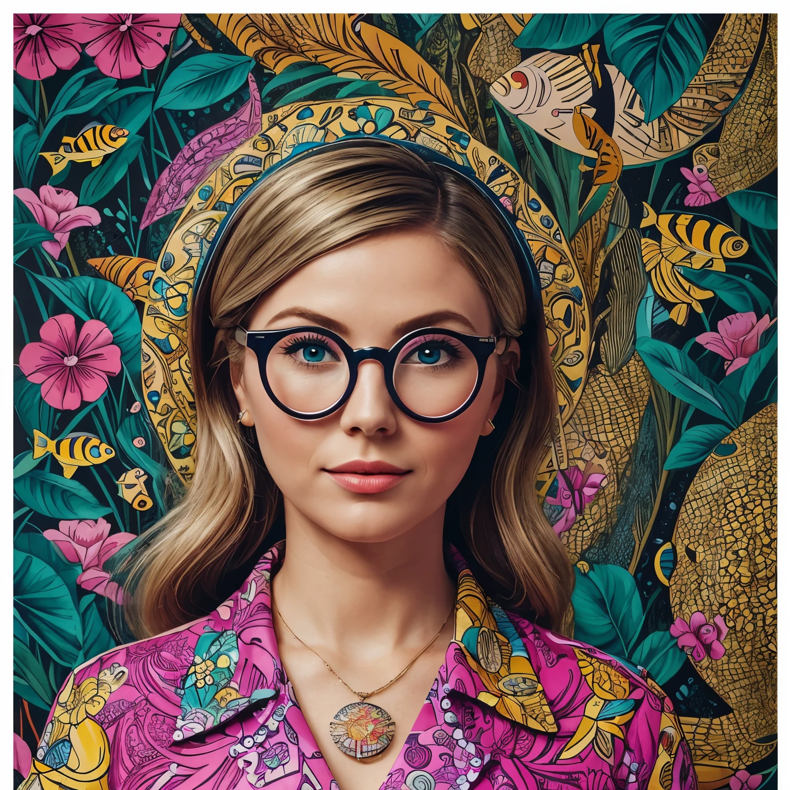 ((detailed, high quality, masterpiece, well-written details)), a blonde woman of 30 years old, ((against the background of the ocean, a lot of guppy fish)), in a bright jacket, double-breasted with wide lapels, with a pendant in the form of a fly, a shirt with a narrow stripe of white and sky blue colors, round glasses Fuchsia maxi colors, with a pop art painting by Annabel Kidston, winner of the behance competition, "naive art", "maximalism", "fauvism", "pop art".