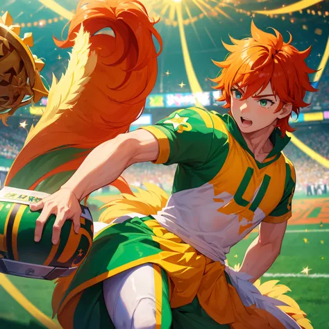 (Obra-prima, melhor qualidade: 1.2) Anime boy, with a vibrant orange hair, prancing with exuberance in a lush, green football fi...