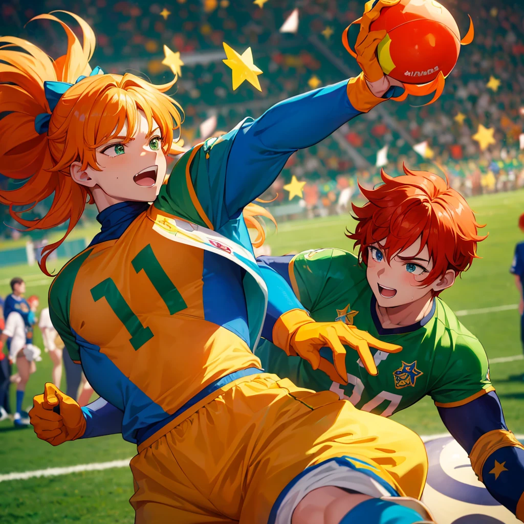 (Obra-prima, melhor qualidade: 1.2) Anime boy, with a vibrant orange hair, prancing with exuberance in a lush, green football field, wearing the star-studded uniform of his school, surrounded by cheering crowd. A shining trophy in one hand and a determined look in his eyes, he is the pride of his school, one of the star pupils.