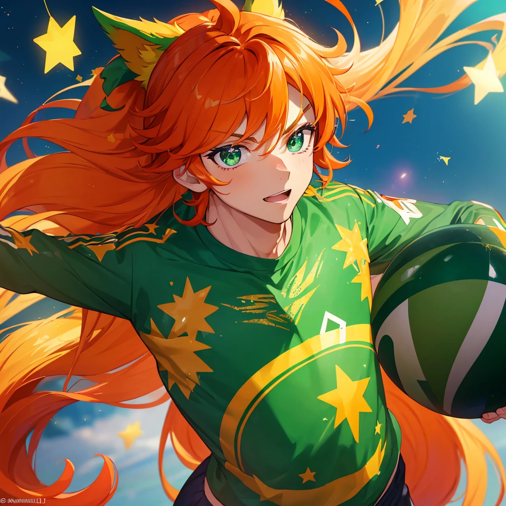 (Obra-prima, melhor qualidade: 1.2) Anime boy, with a vibrant orange hair, prancing with exuberance in a lush, green football field, wearing the star-studded uniform of his school, surrounded by cheering crowd. A shining trophy in one hand and a determined look in his eyes, he is the pride of his school, one of the star pupils.