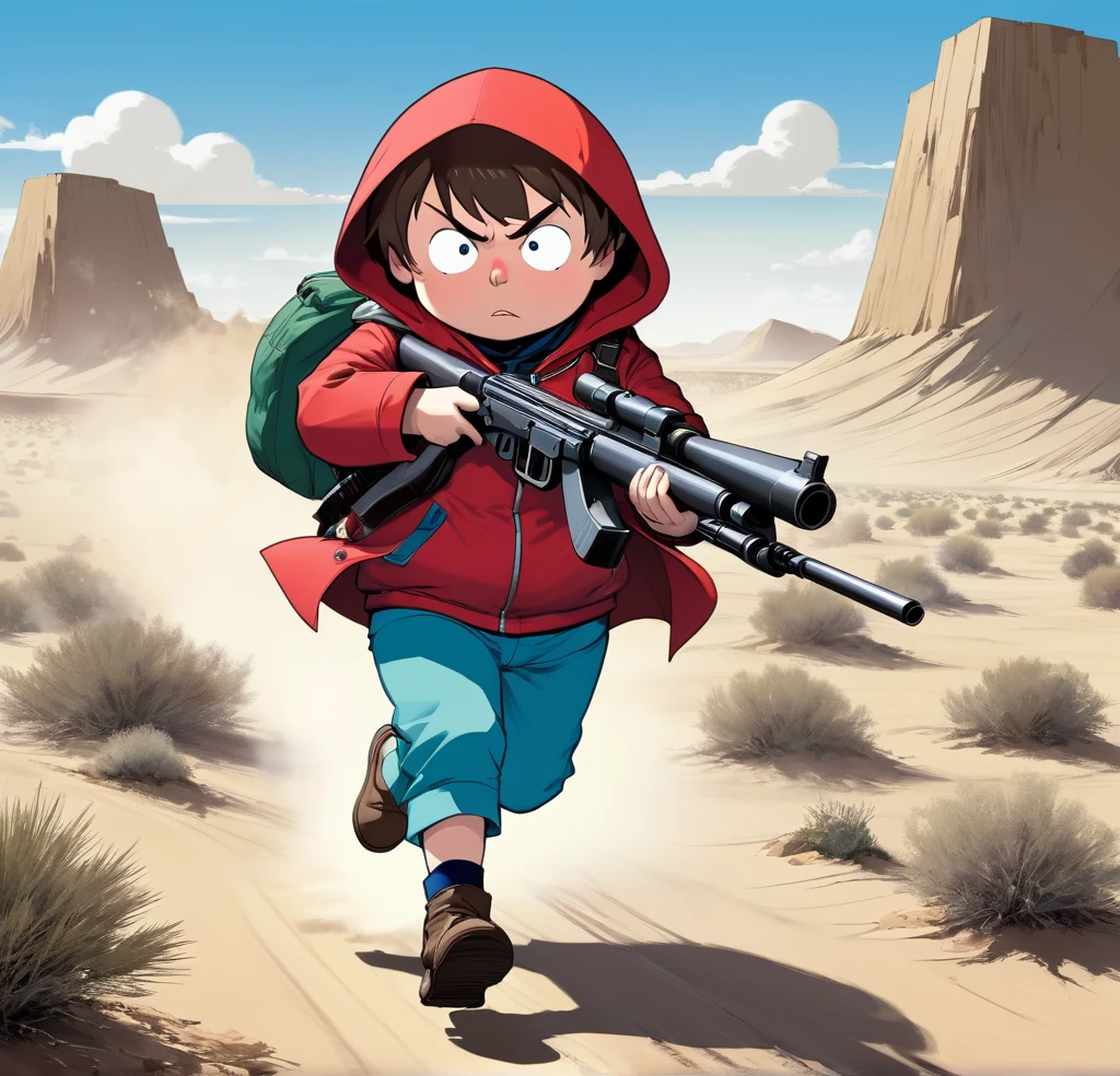 1 boy, One, eric cartman, short hair, Brown hair, 1 boy, It has, black eyes, Red jacket, closed jacket, Little Blue Riding Hood, thick, , holding a machine gun, Running in the desert, Jamie Hewlett&#39;s style