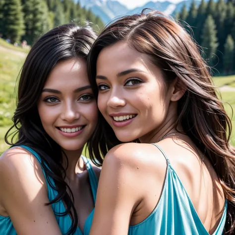 1 ginger, 1 brunette, 1 blond, 1 red hair, 1 ebony,  5 women, they are wearing flowy long dresses at the alps in switzerland, su...