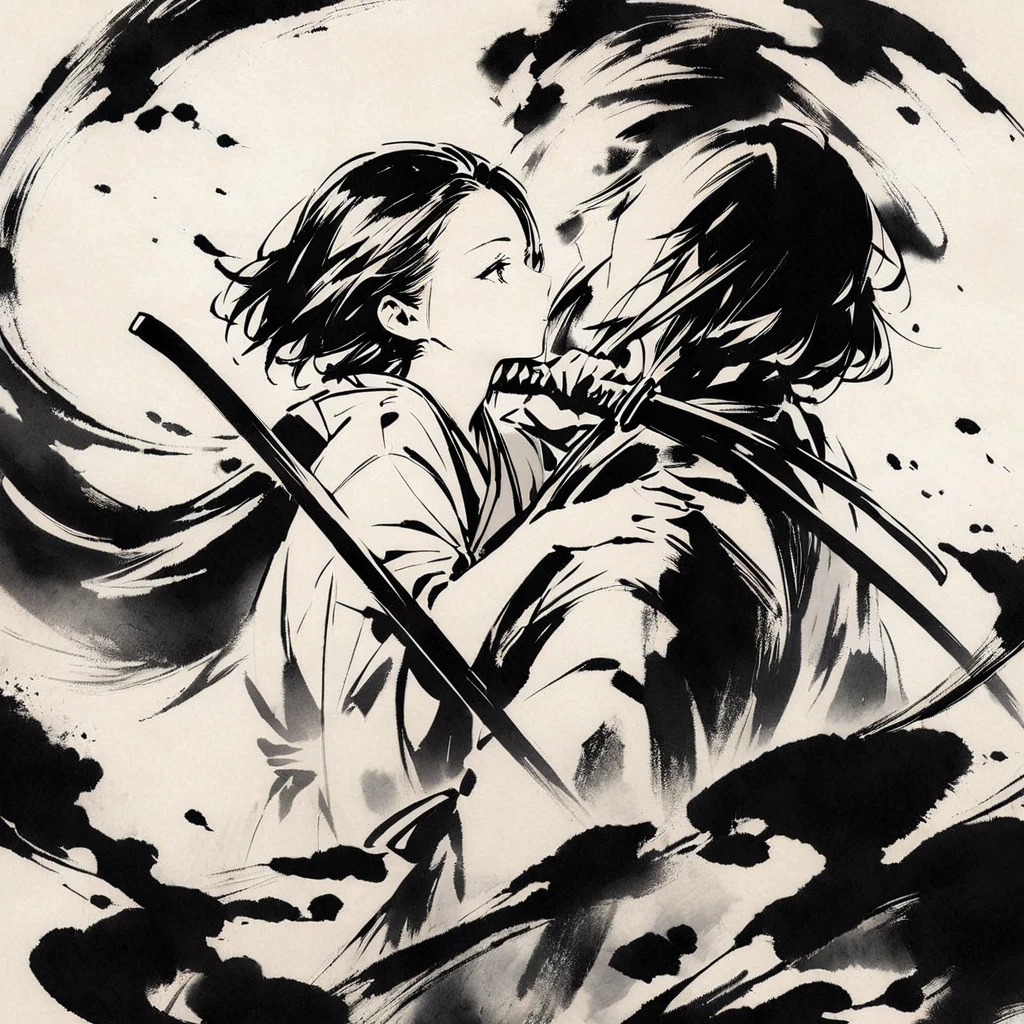 Top quality, masterpiece, beautiful girl, samurai, ink painting, profile, two people facing each other, holding swords, crossing each other

￼


