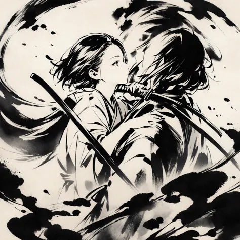 top quality, masterpiece, beautiful girl, samurai, ink painting, profile, two people facing each other, holding swords, crossing...