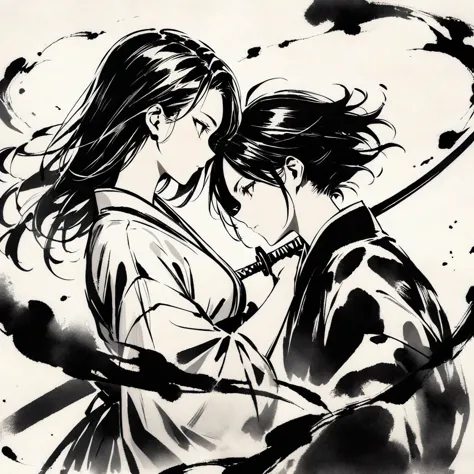 top quality, masterpiece, beautiful girl, samurai, ink painting, profile, two people facing each other, holding swords, crossing...