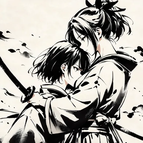 top quality, masterpiece, beautiful girl, samurai, ink painting, profile, two people facing each other, holding swords, crossing...