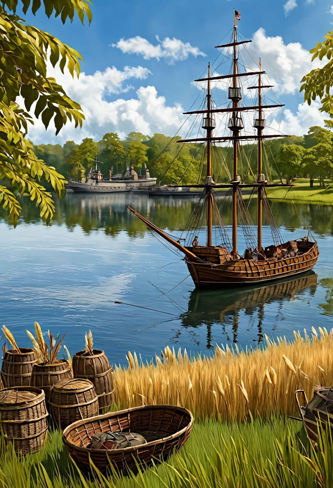 "Create a digital artwork depicting an early colonial trade scene between European settlers and Native Americans. Include European settlers dressed in 17th-century attire, some holding muskets and wearing wide-brimmed hats and cloaks. The Native Americans should be dressed in traditional attire with feathered headdresses and carrying goods like baskets of corn. The setting should be near a waterfront with a docked ship in the background and a blend of natural elements such as grass and trees."