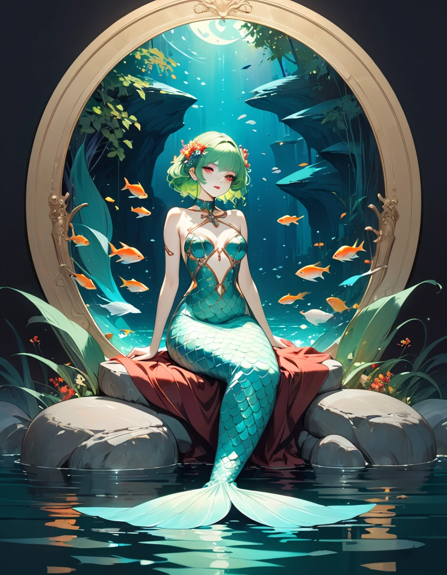 green hair, She is a mermaid with a long tail of fish and very beautiful, she is sitting cheerful and quiet, in the lake with an enclosed mountain, low and bright Darksynth aesthetic, minimalist background, gothic makeup, weird fashion photography, ultra detailed, masterpiece. night, God, full body， Decorative panels， Abstract artistic， Alphonse Mucha （tmasterpiece， Best quality， A high resolution： 1.4）， A detailed， Complicated details，(art inspired by Bill Sienkiewicz) oil painting, details of brush strokes that enhance depth)
