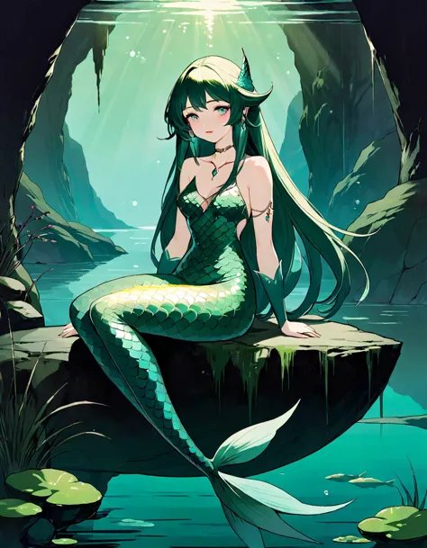 green hair, she is a mermaid with a long tail of fish and very beautiful, she is sitting cheerful and quiet, in the lake with an...