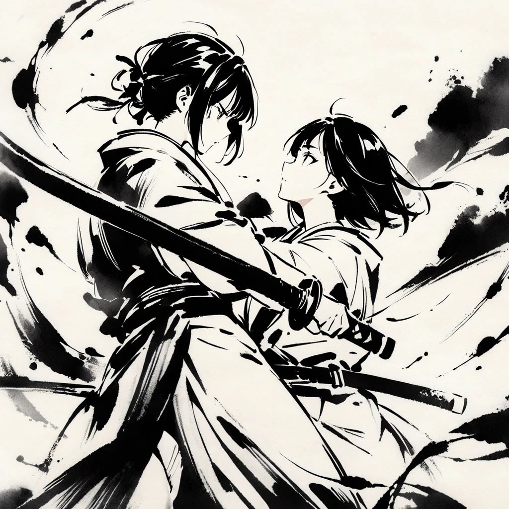 Top quality, masterpiece, beautiful girl, samurai, ink painting, profile, two people facing each other, holding swords, crossing each other,battle


