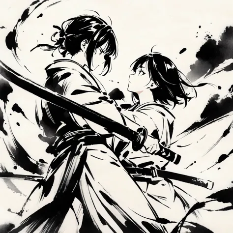 top quality, masterpiece, beautiful girl, samurai, ink painting, profile, two people facing each other, holding swords, crossing...