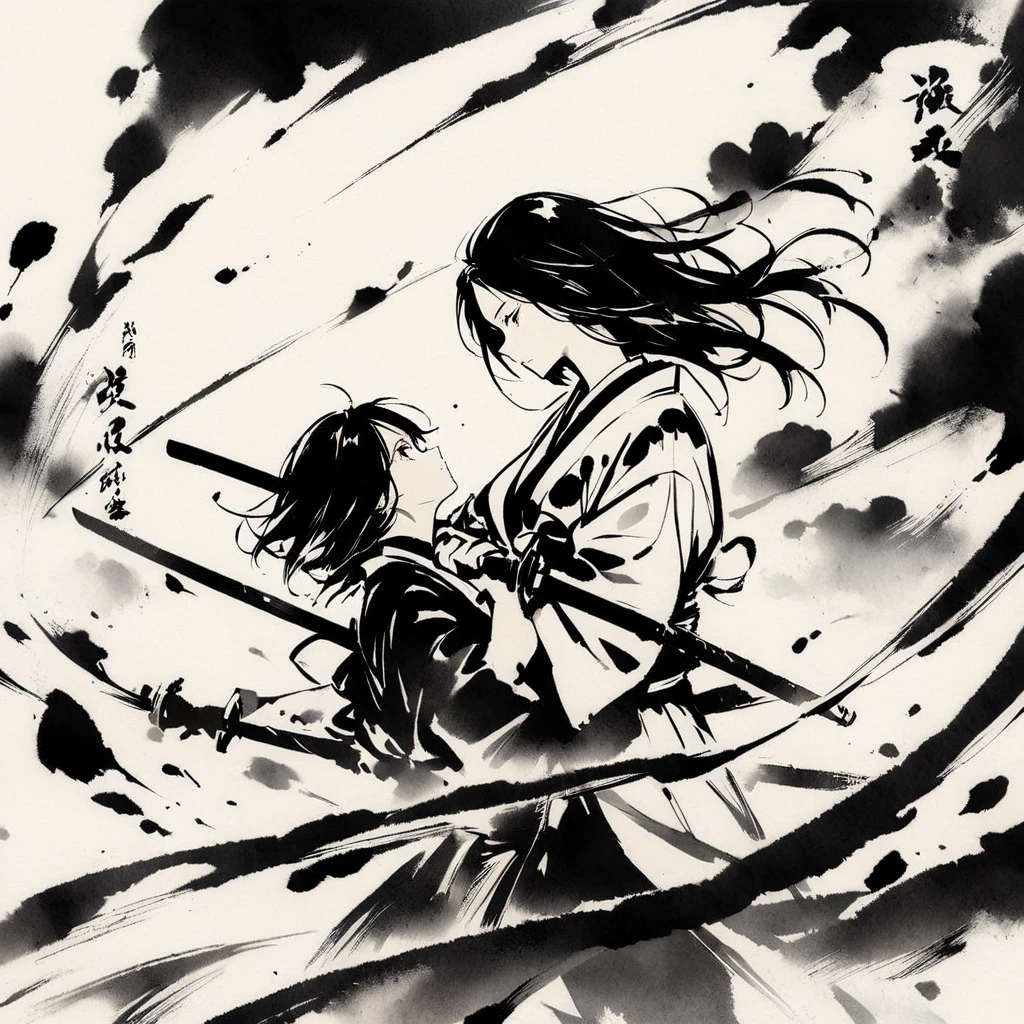 Top quality, masterpiece, beautiful girl, samurai, ink painting, profile, two people facing each other, holding swords, crossing each other,battle


