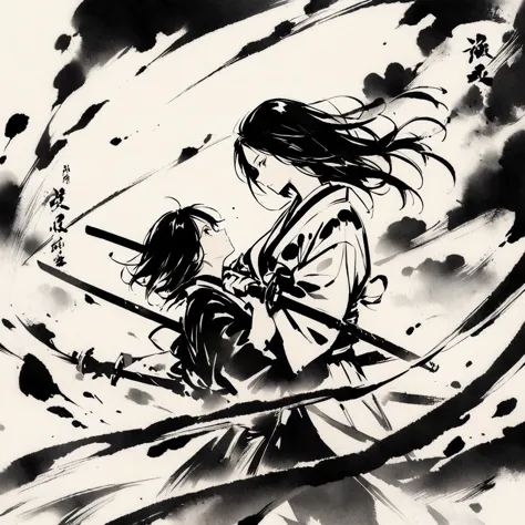 top quality, masterpiece, beautiful girl, samurai, ink painting, profile, two people facing each other, holding swords, crossing...