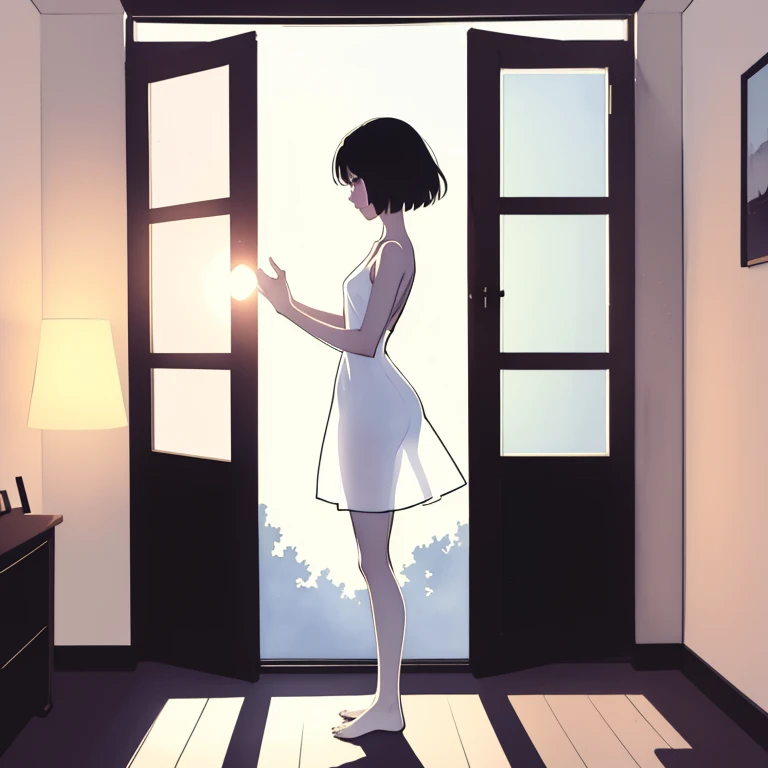 (masterpiece, highest quality), One Girl，slim, White short dress, Transparent dress, See-through silhouette, Backlight, Backlight, Standing by the window, Bedroom, morning, sunlight, warm, Anime Minimalist, watercolor