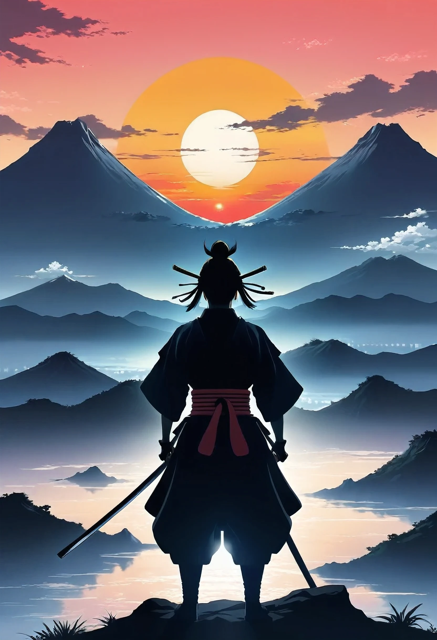 Rückansicht, Samurai-Silhouette, Großer Sonnenuntergang, 
