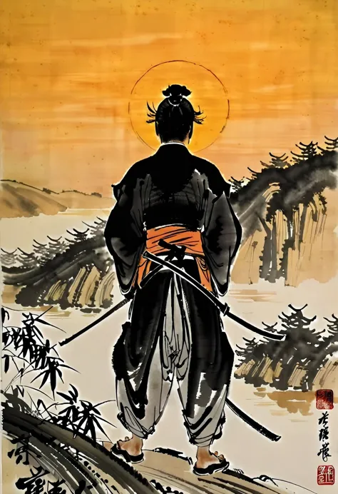 back view, samurai silhouette, big sunset, chinese ink painting, traditional media, liujiyou