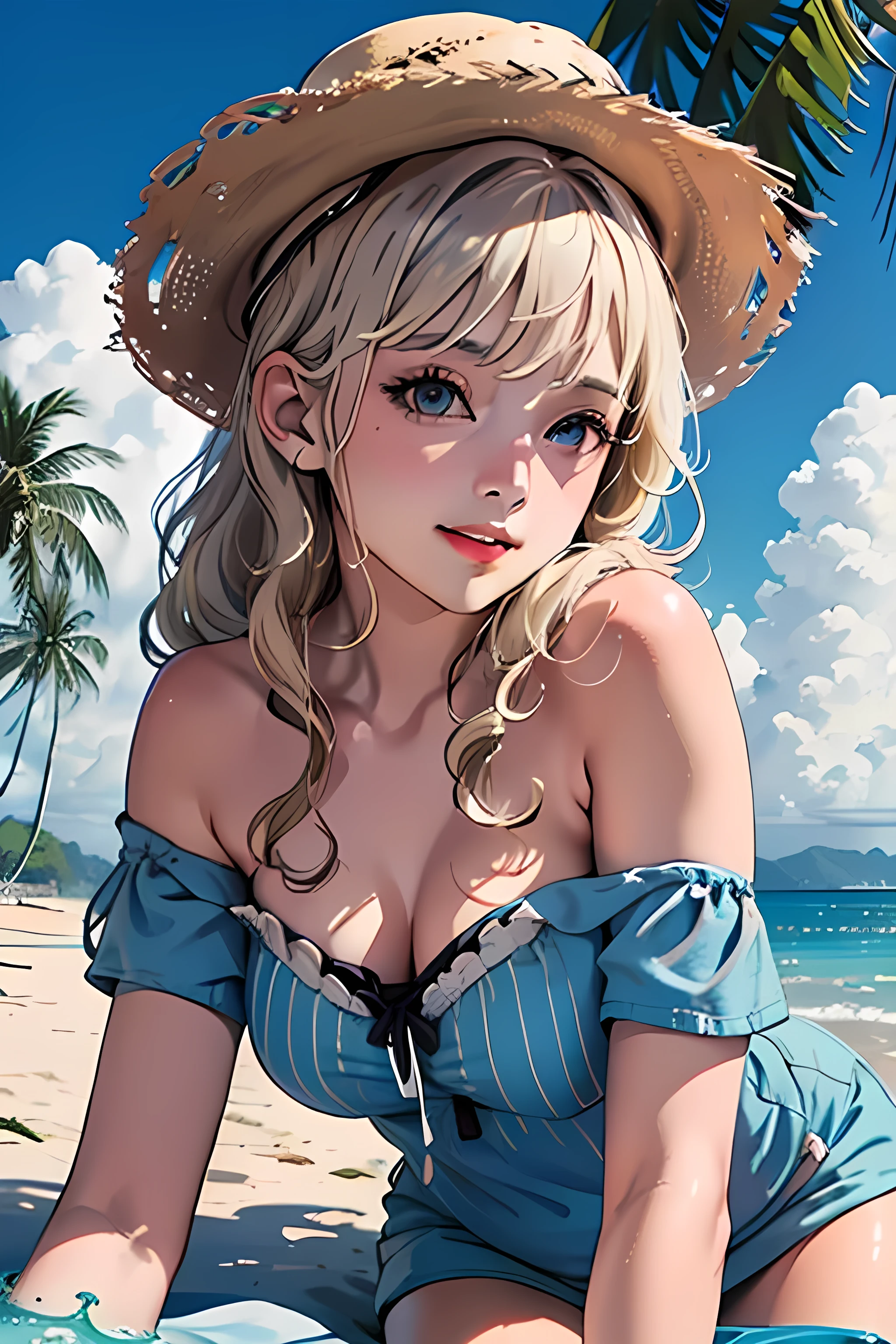 rococo style, (movie poster:1.2), soft lighting, (dramatic angle:1.25), (solo:1.4), (1girl), ((blonde hair), long curly hair), blue eyes, (smile), beach straw hat, (off-shoulder shirt), hat flower, (looking to the side:1.3), fantastic colorful, sea, coconut tree, blue sky with clouds, (beach:1.3), (masterpiece:1.2), ultra-detailed, (best quality), illustration, (Depth of field)