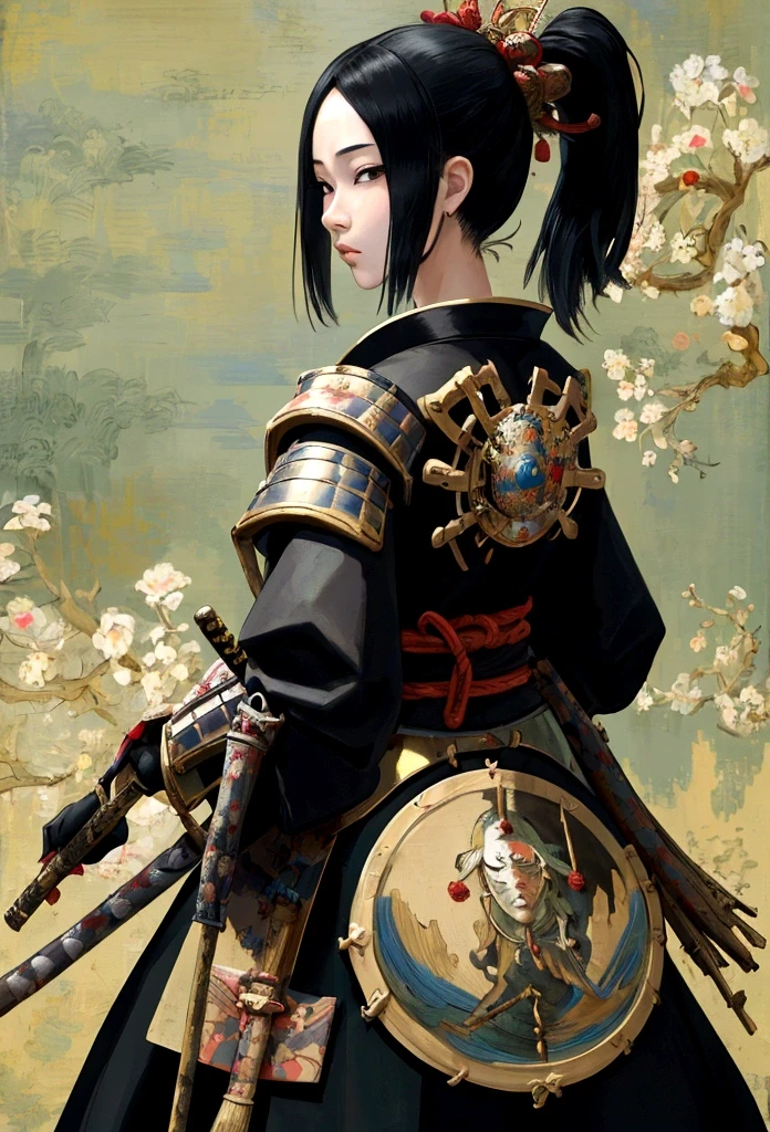 uma foto de uma cavaleira japonesa, Ela tem o cabelo preto longo, vestindo armadura de samurai, armado com uma katana, pronto para a batalha, ((tiro tirado das costas)), Arte de fantasia japonesa, (obra de arte: 1.5), 16k, alta resolução, melhor qualidade, detalhes altos, ultra detalhado, obra de arte, melhor qualidade, (extremamente detalhado), arafed, arte, Katana Japonesa